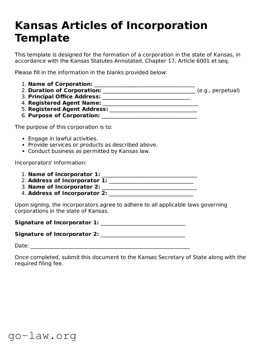 Fillable Kansas Articles of Incorporation Form