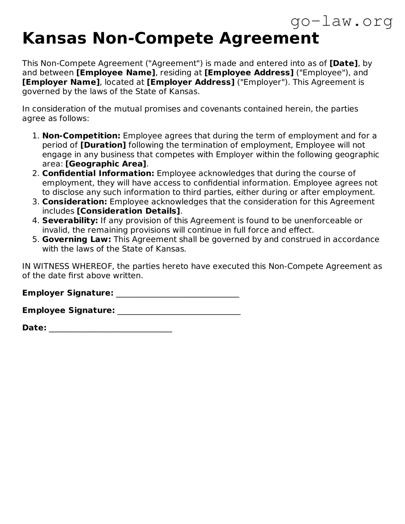 Fillable Kansas Non-compete Agreement Form