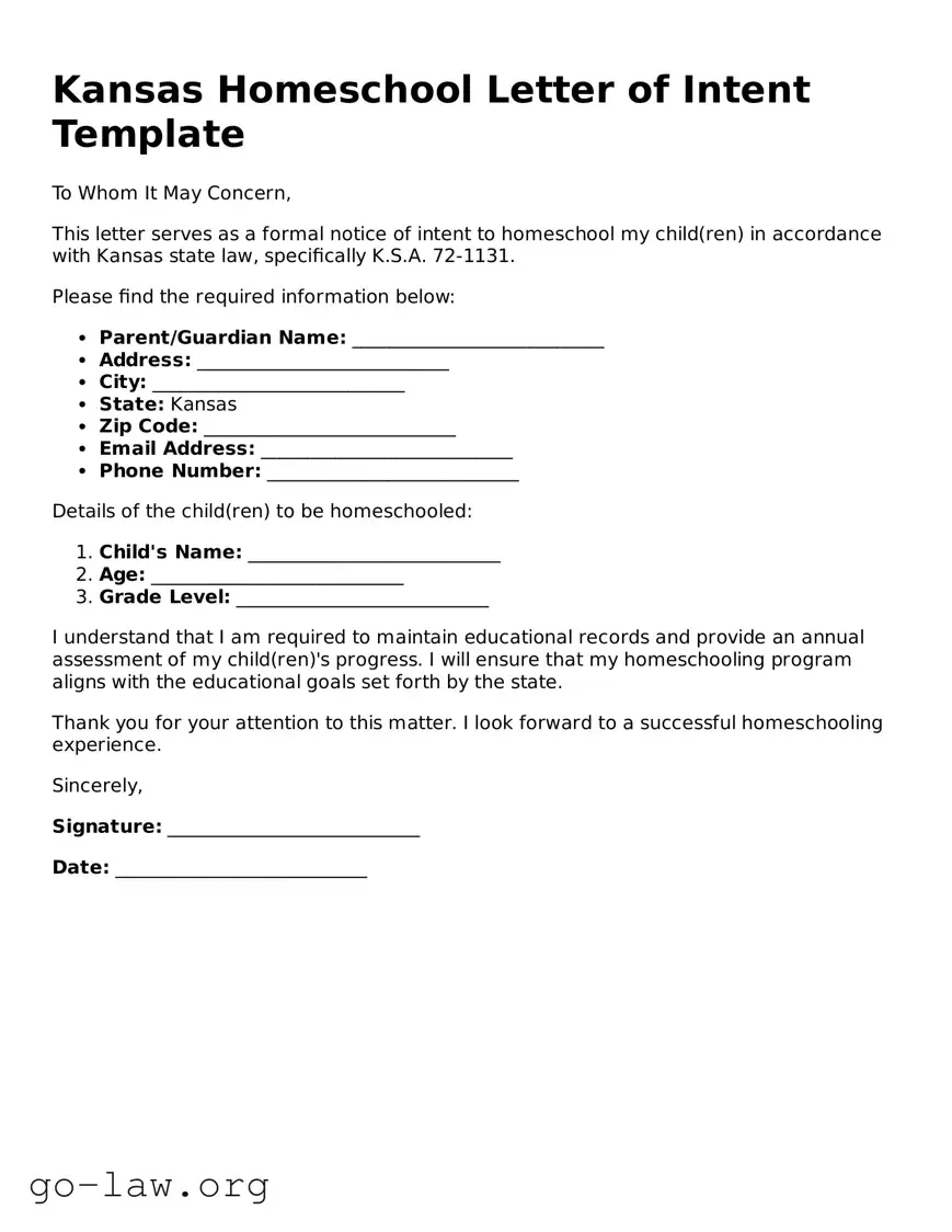 Fillable Kansas Homeschool Letter of Intent Form