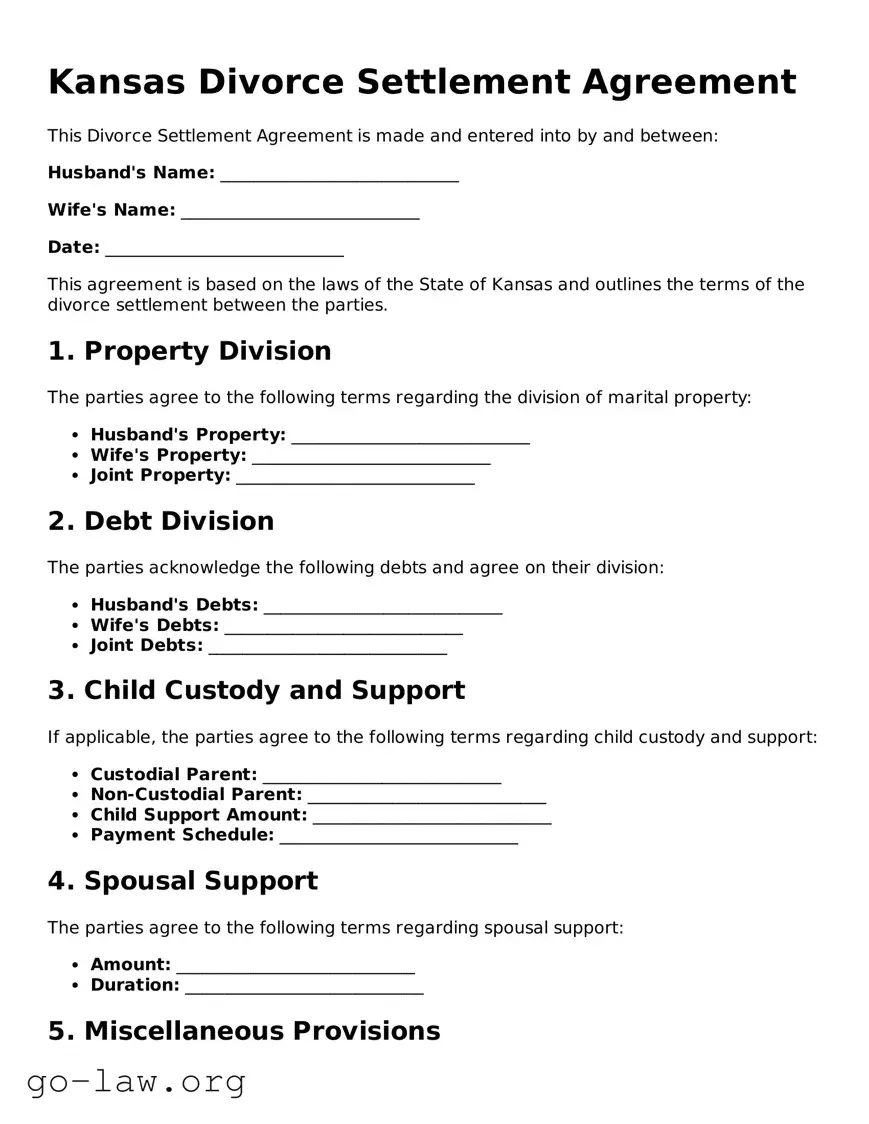 Fillable Kansas Divorce Settlement Agreement Form