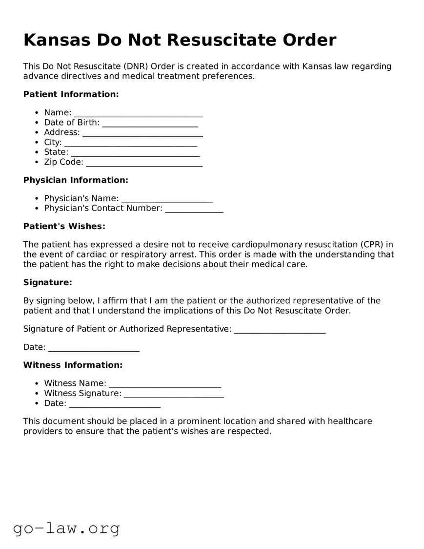 Fillable Kansas Do Not Resuscitate Order Form
