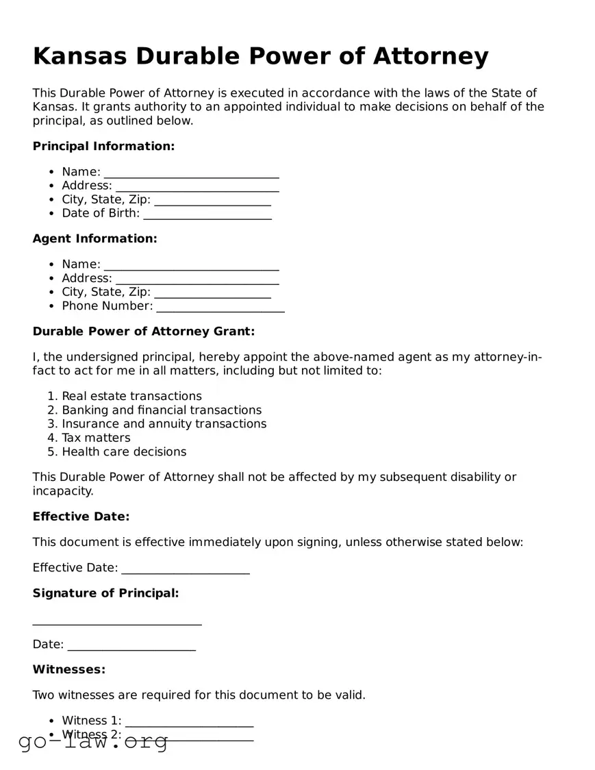 Fillable Kansas Durable Power of Attorney Form