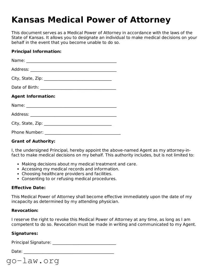 Fillable Kansas Medical Power of Attorney Form
