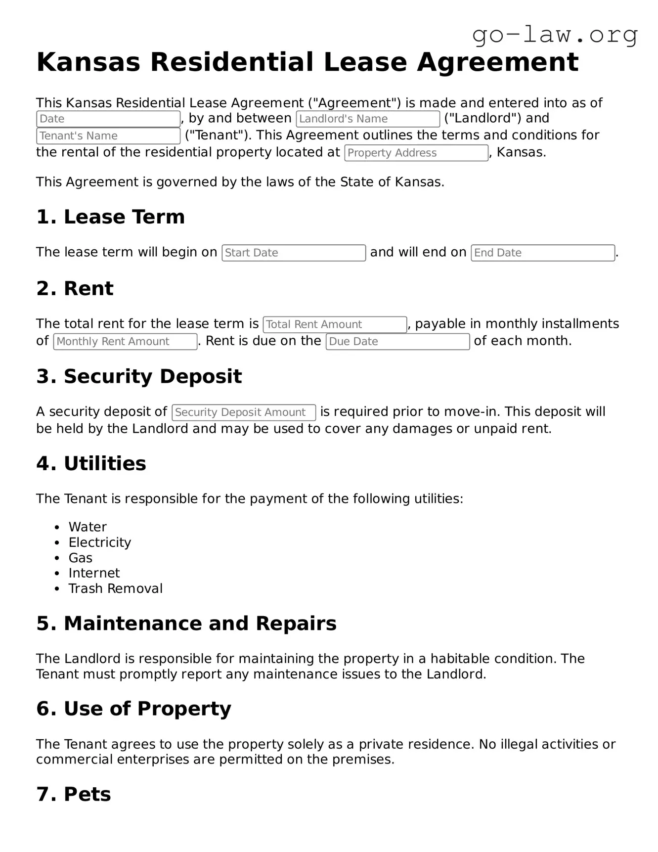 Fillable Kansas Residential Lease Agreement Form