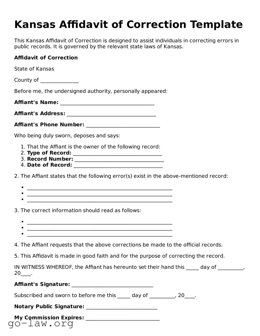 Fillable Kansas Affidavit of Correction Form