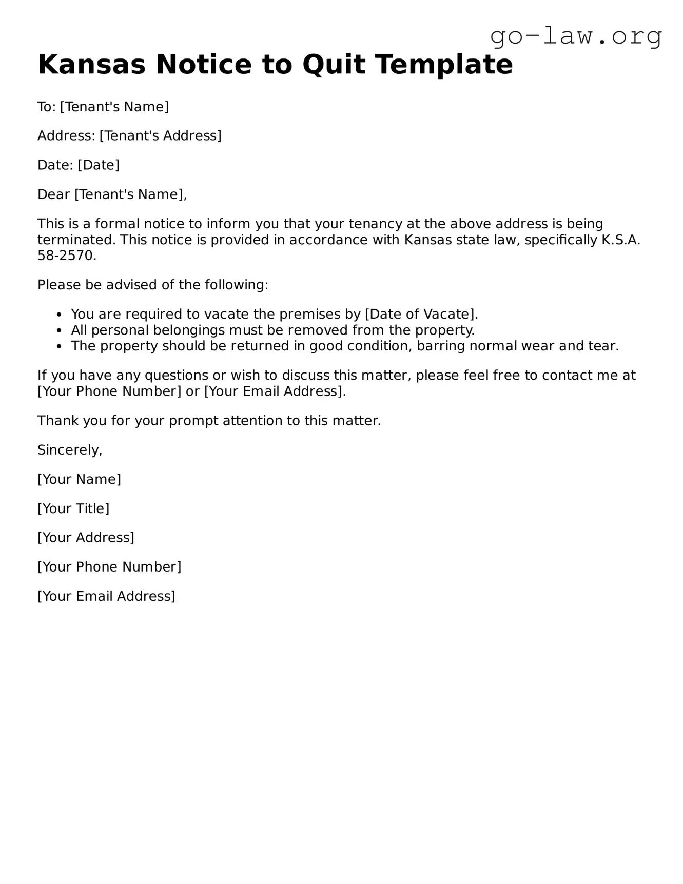 Fillable Kansas Notice to Quit Form