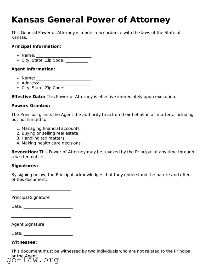 Fillable Kansas General Power of Attorney Form