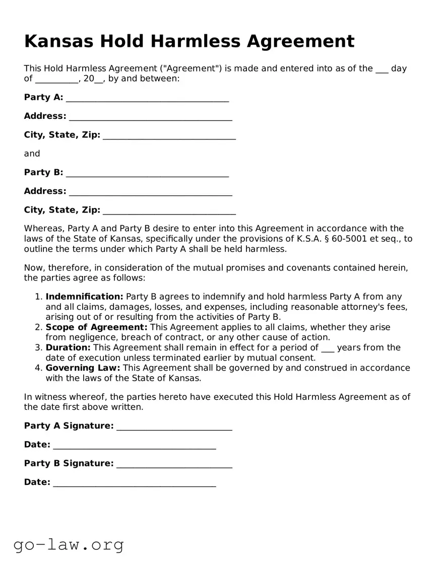 Fillable Kansas Hold Harmless Agreement Form