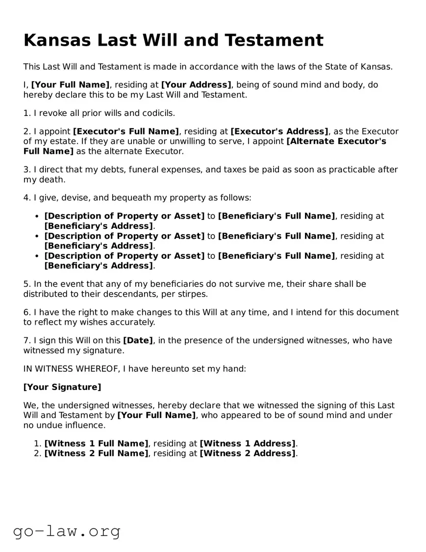 Fillable Kansas Last Will and Testament Form