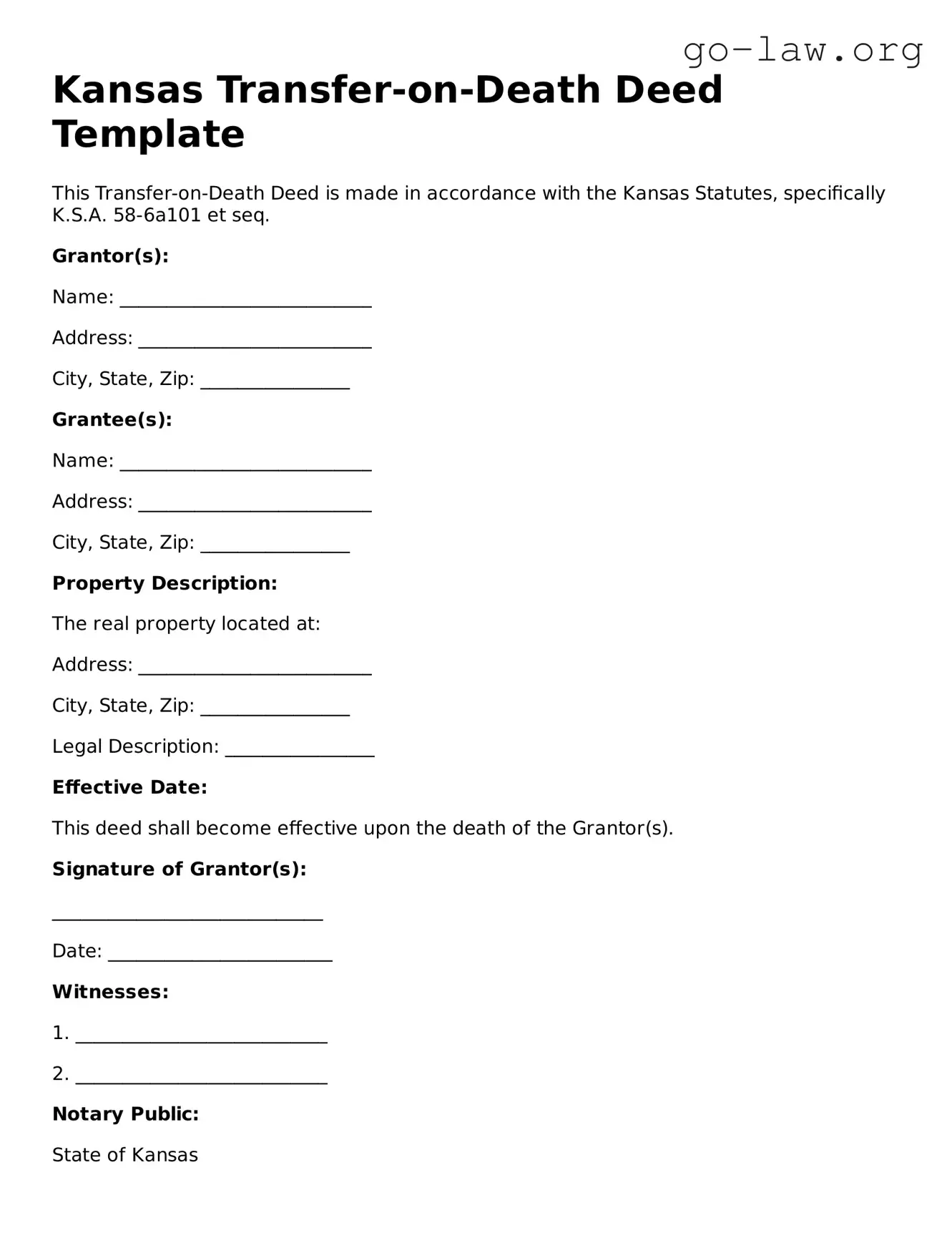 Fillable Kansas Transfer-on-Death Deed Form
