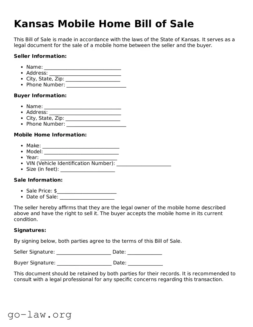 Fillable Kansas Mobile Home Bill of Sale Form