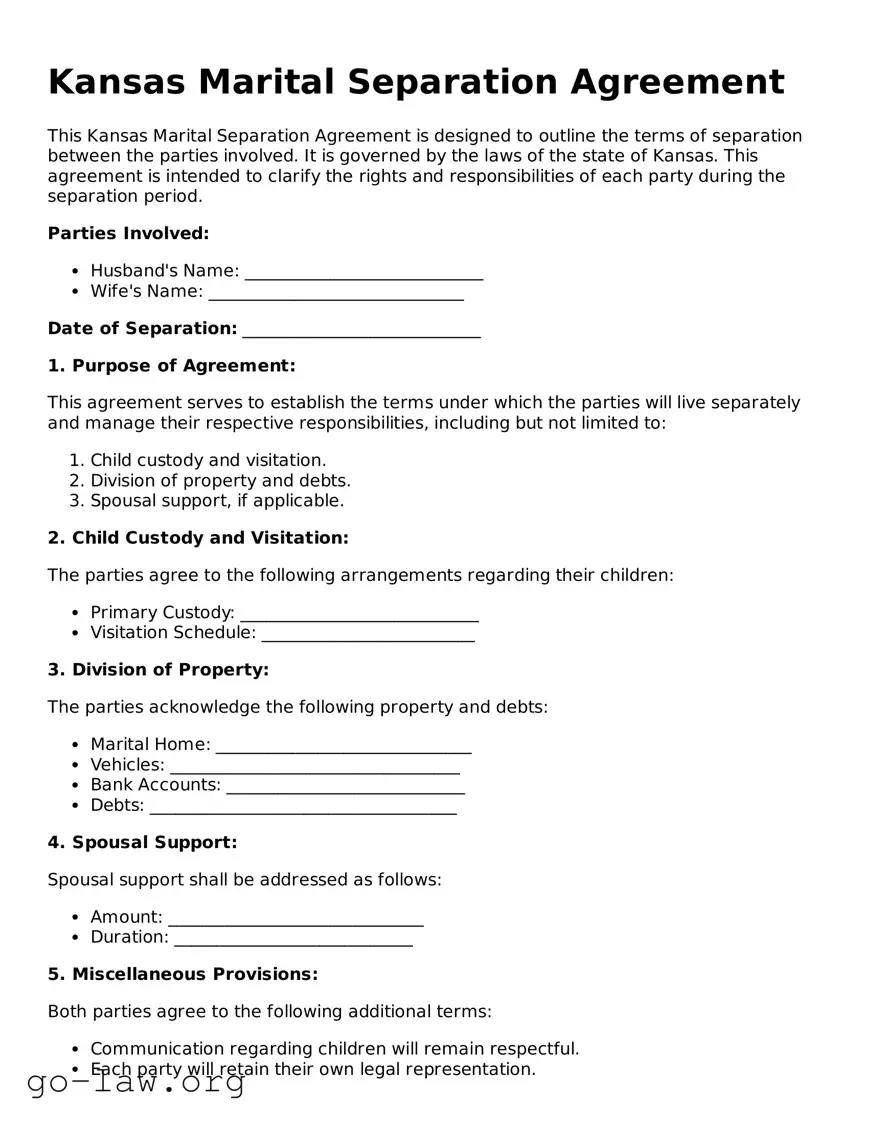 Fillable Kansas Marital Separation Agreement Form