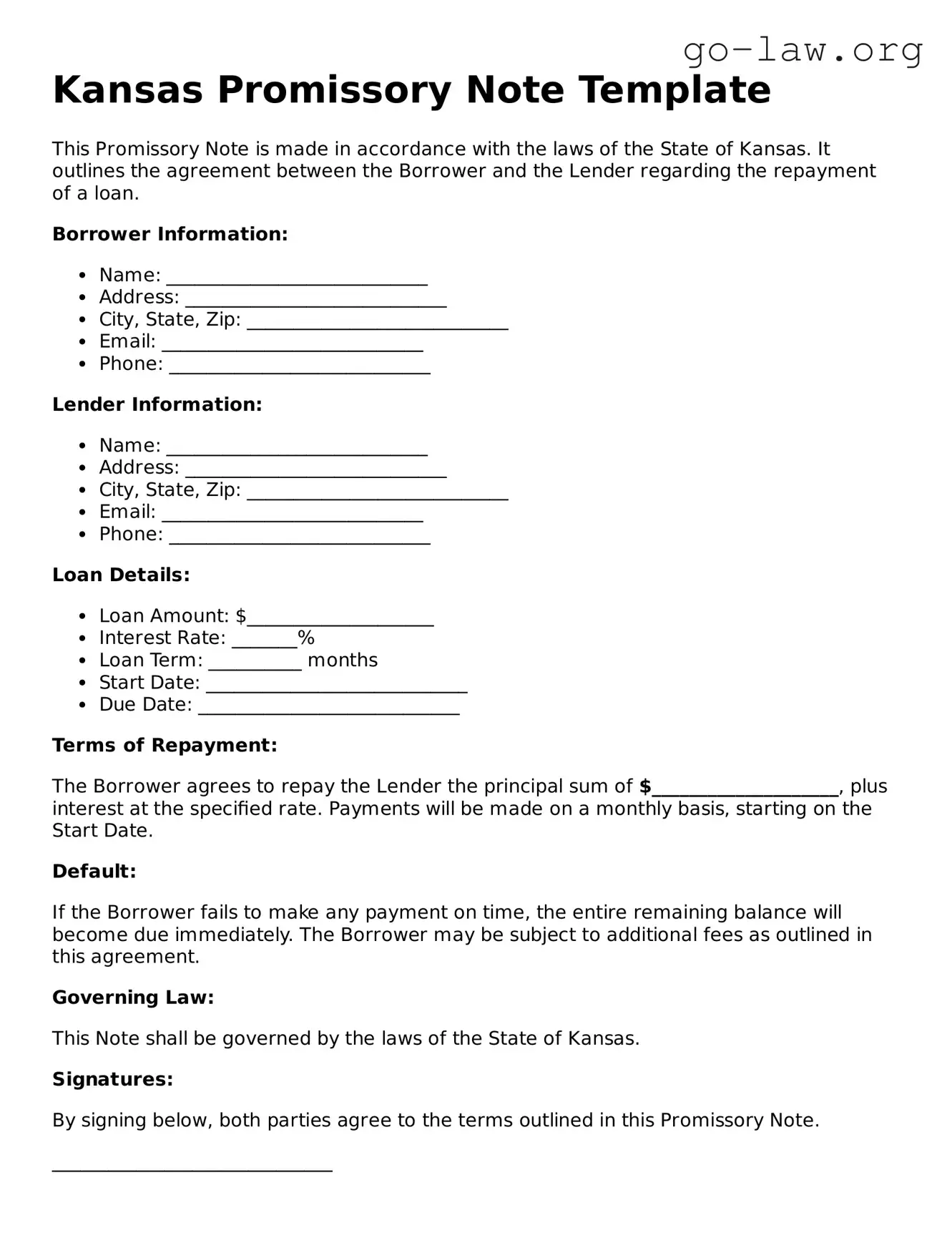 Fillable Kansas Promissory Note Form