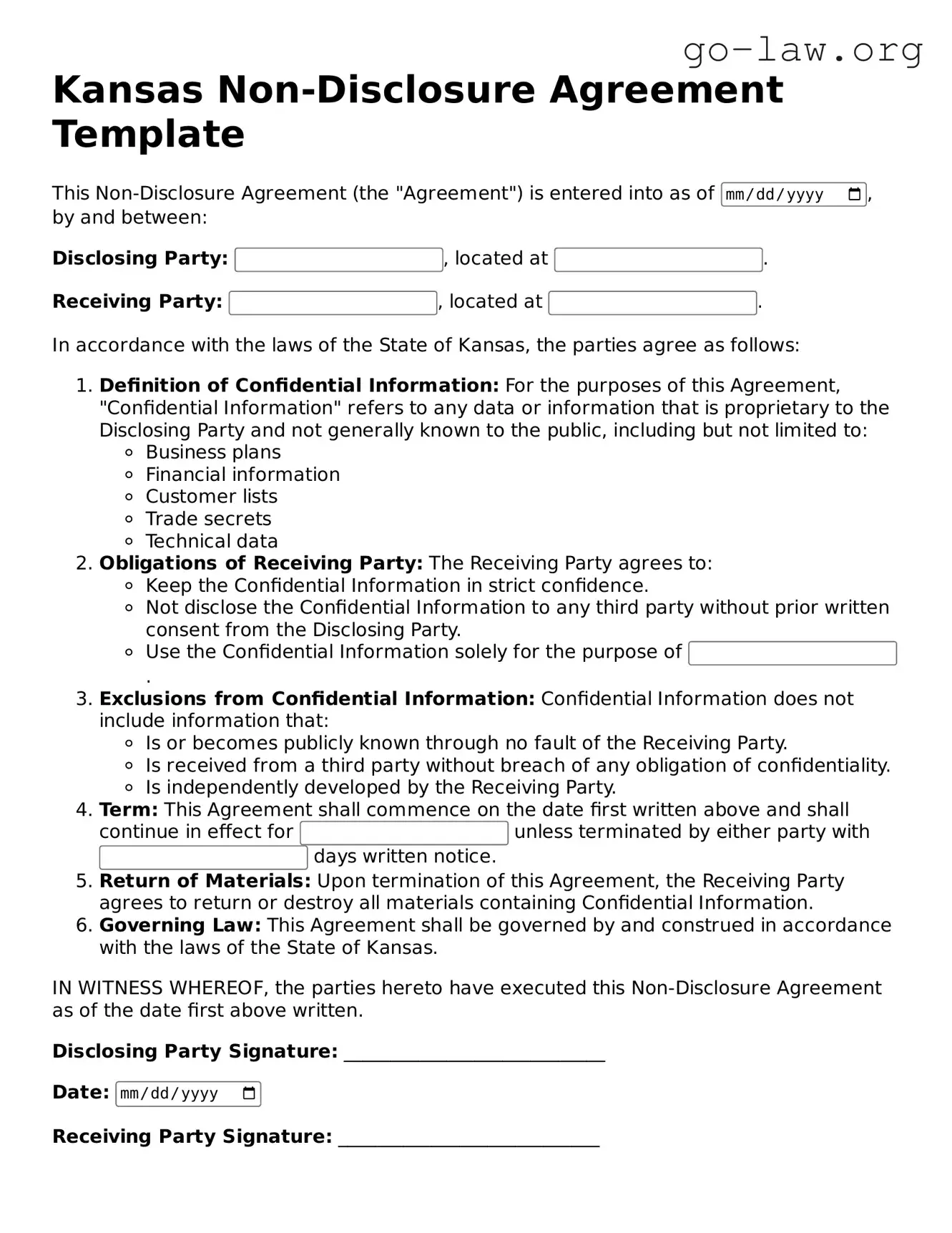 Fillable Kansas Non-disclosure Agreement Form