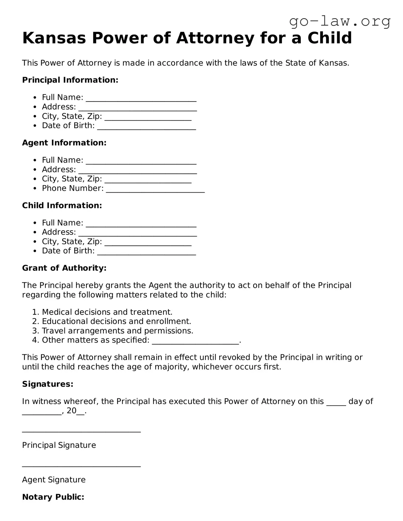 Fillable Kansas Power of Attorney for a Child Form