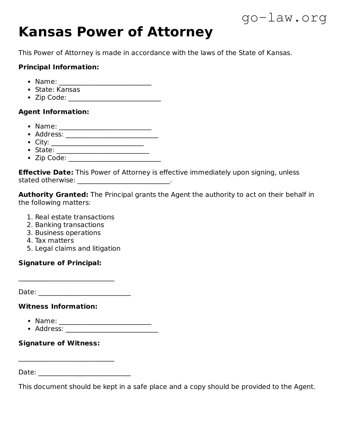 Fillable Kansas Power of Attorney Form