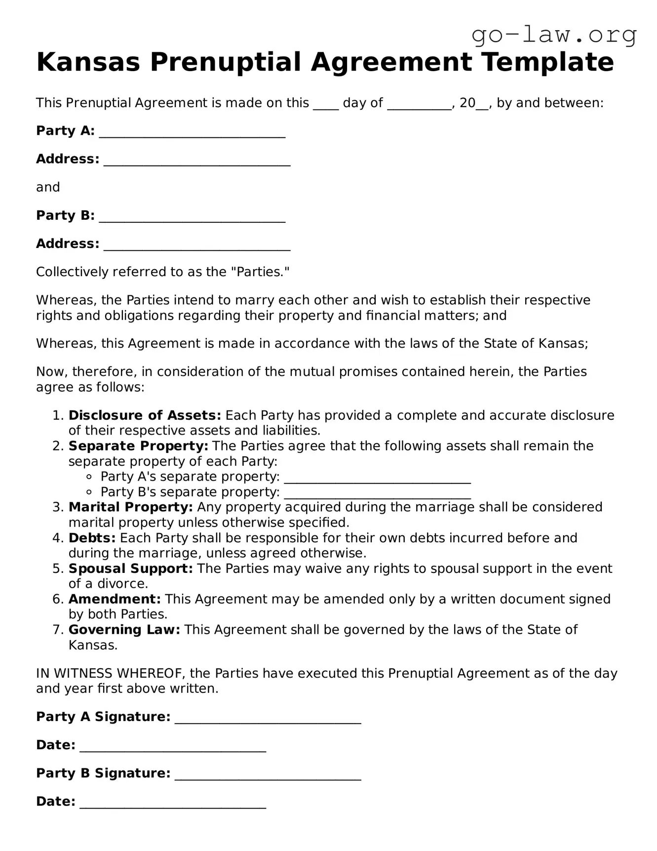 Fillable Kansas Prenuptial Agreement Form