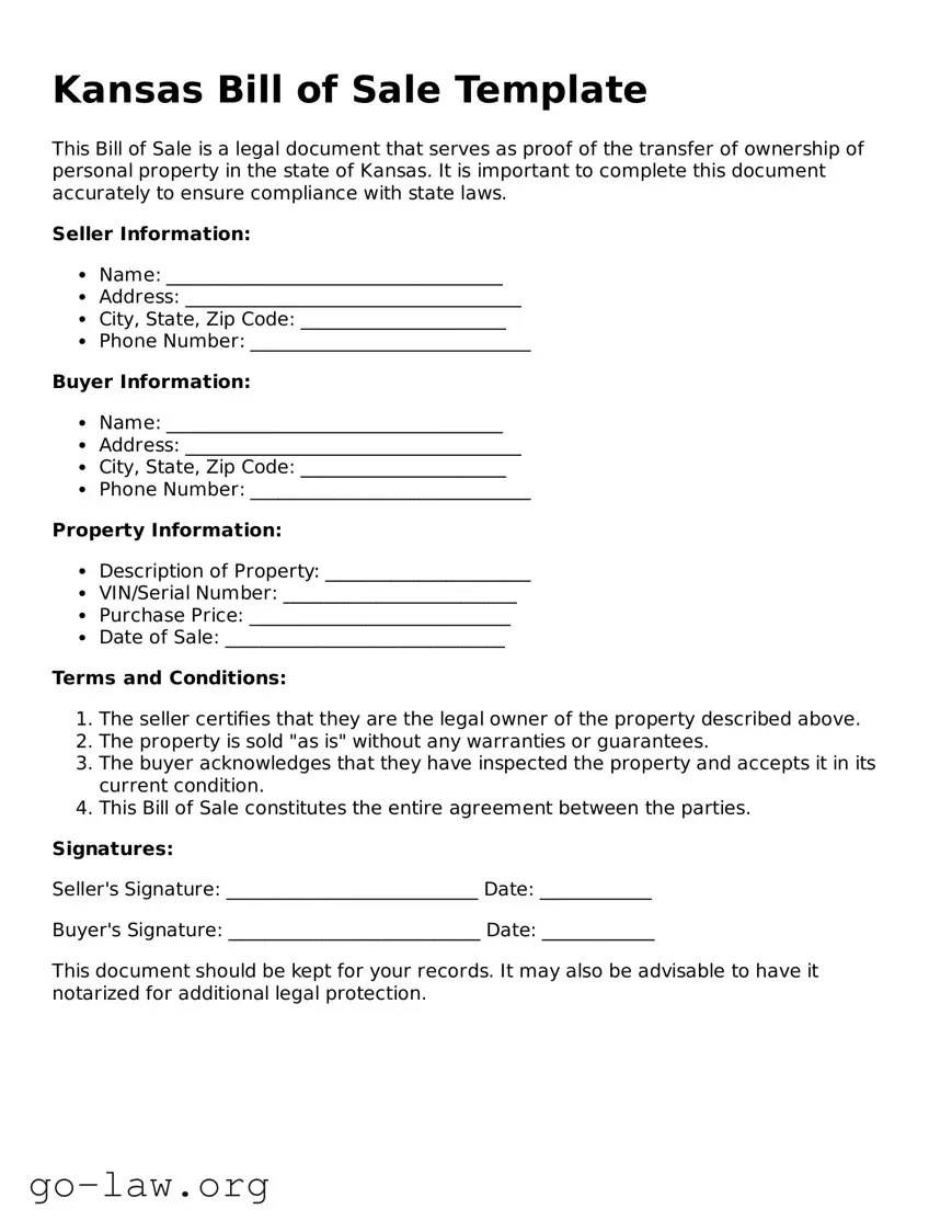 Fillable Kansas Bill of Sale Form