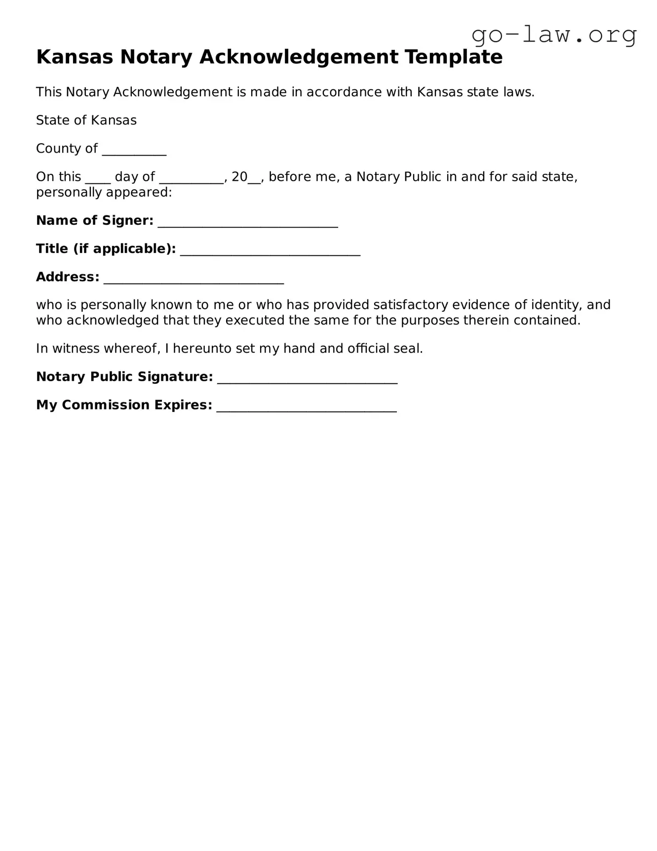 Fillable Kansas Notary Acknowledgement Form
