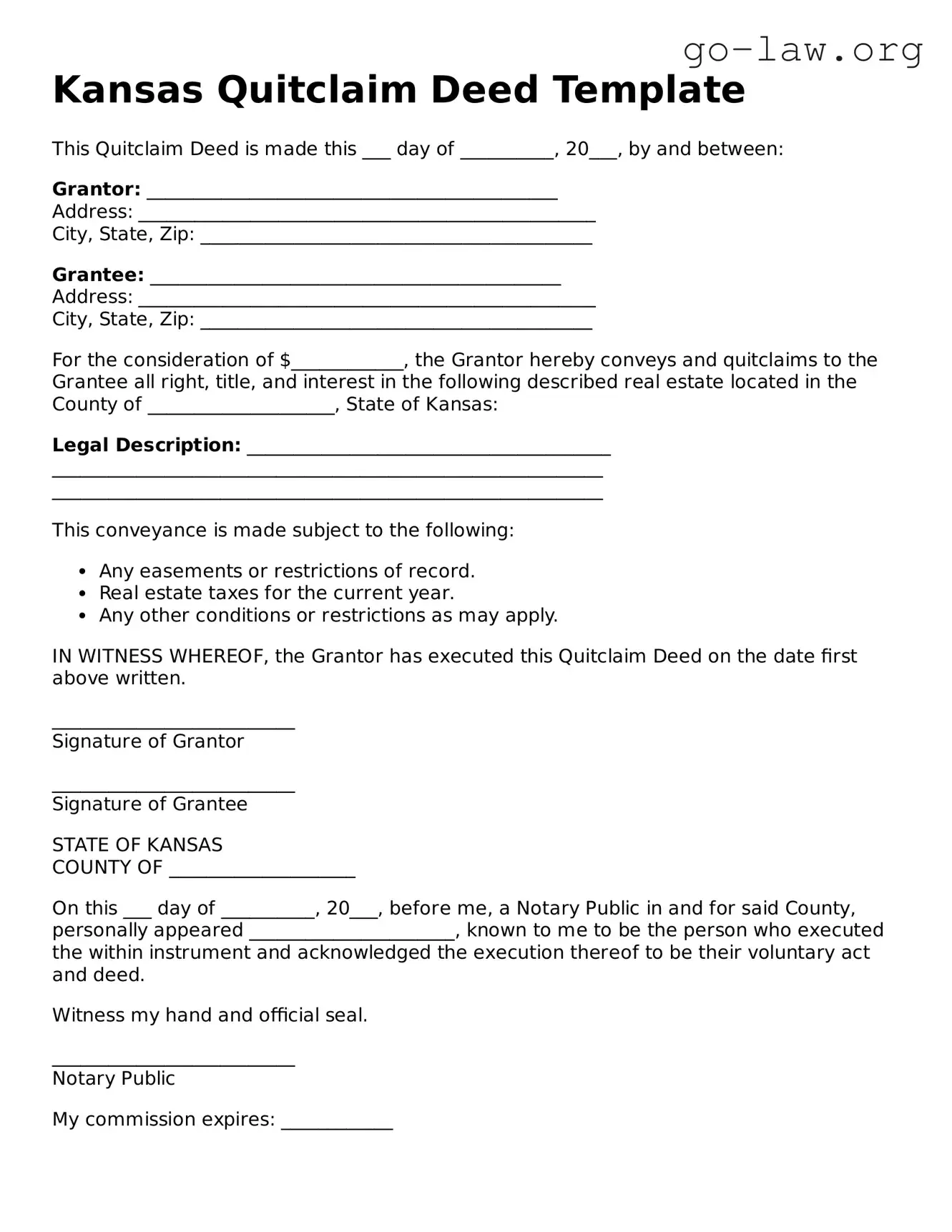 Fillable Kansas Quitclaim Deed Form