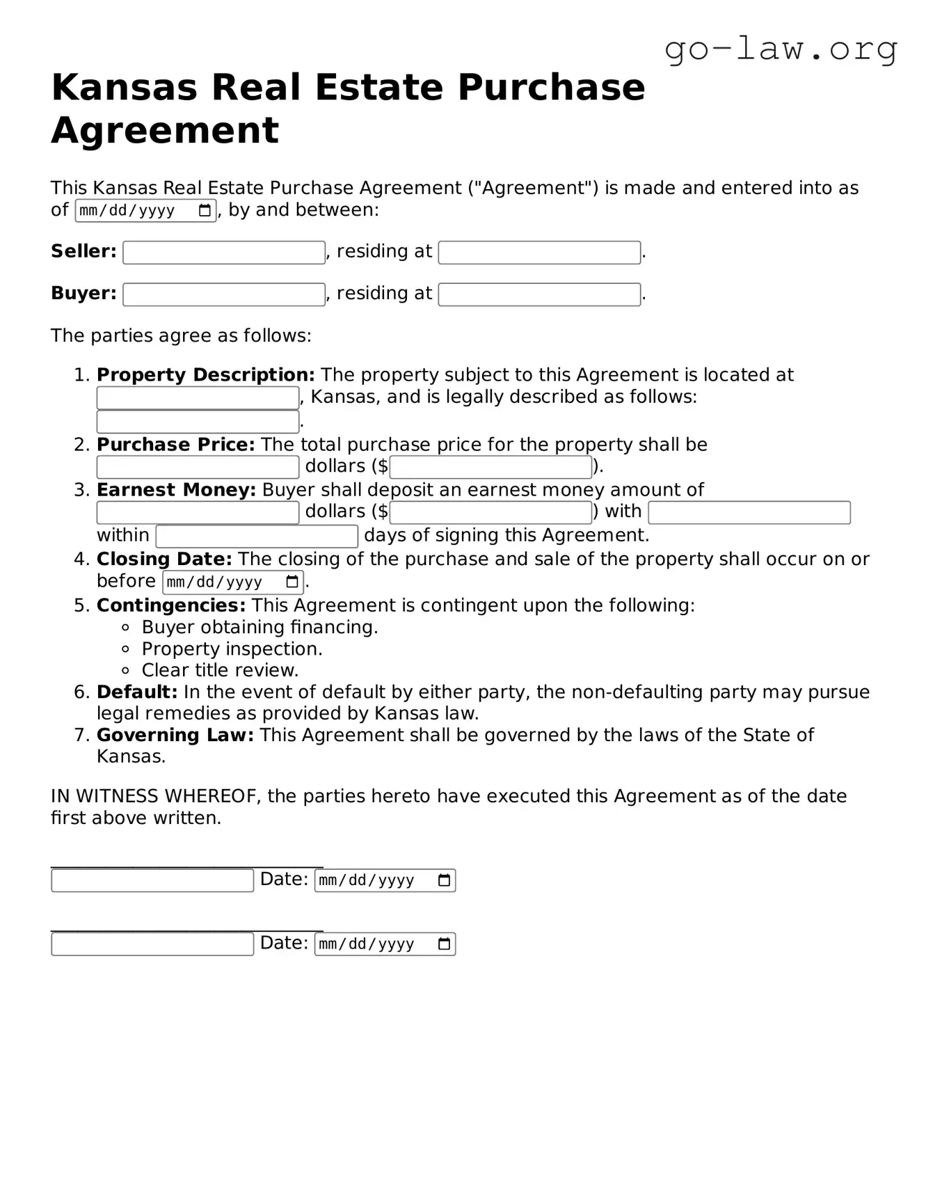 Fillable Kansas Real Estate Purchase Agreement Form