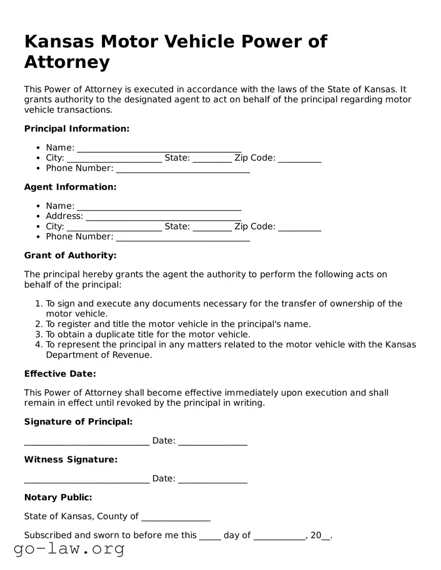 Fillable Kansas Motor Vehicle Power of Attorney Form