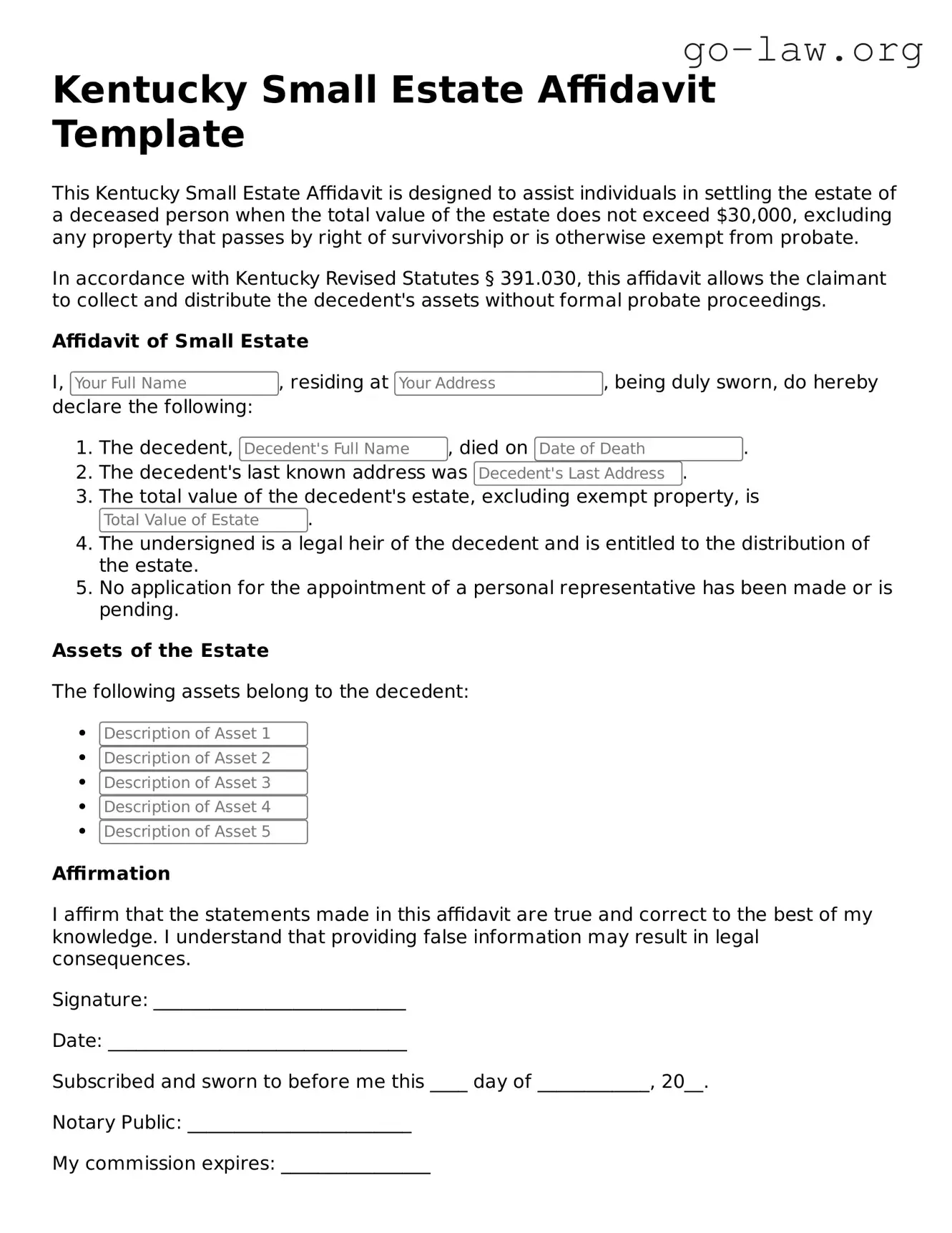 Fillable Kentucky Small Estate Affidavit Form
