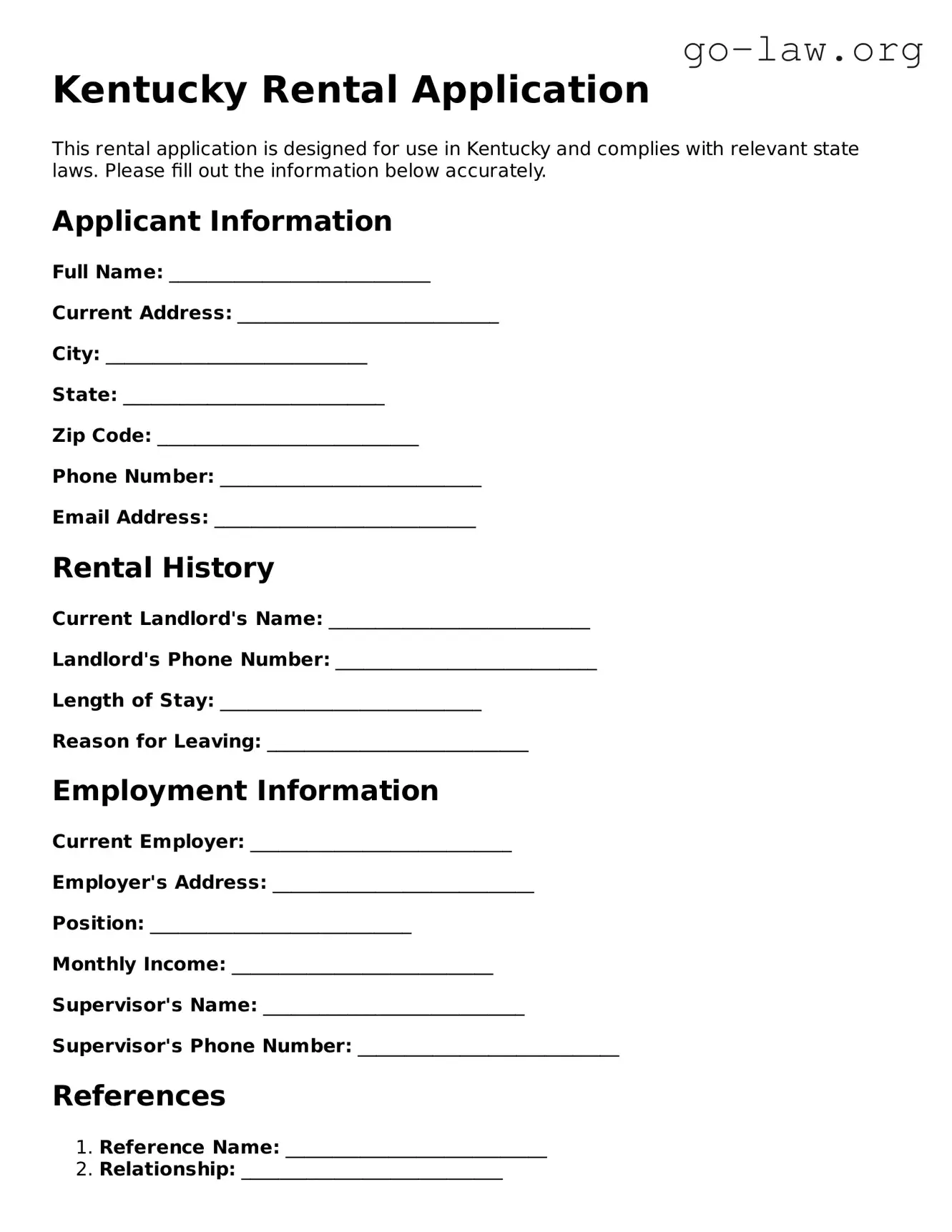 Fillable Kentucky Rental Application Form