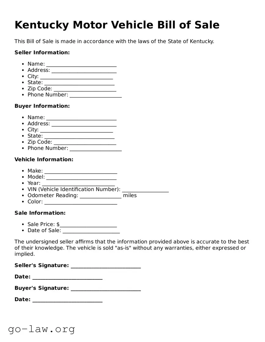 Fillable Kentucky Motor Vehicle Bill of Sale Form