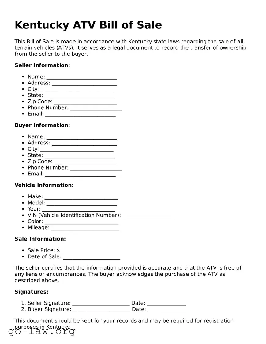 Fillable Kentucky ATV Bill of Sale Form