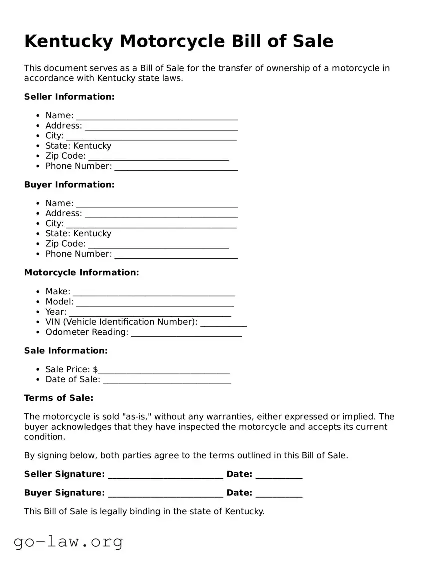 Fillable Kentucky Motorcycle Bill of Sale Form
