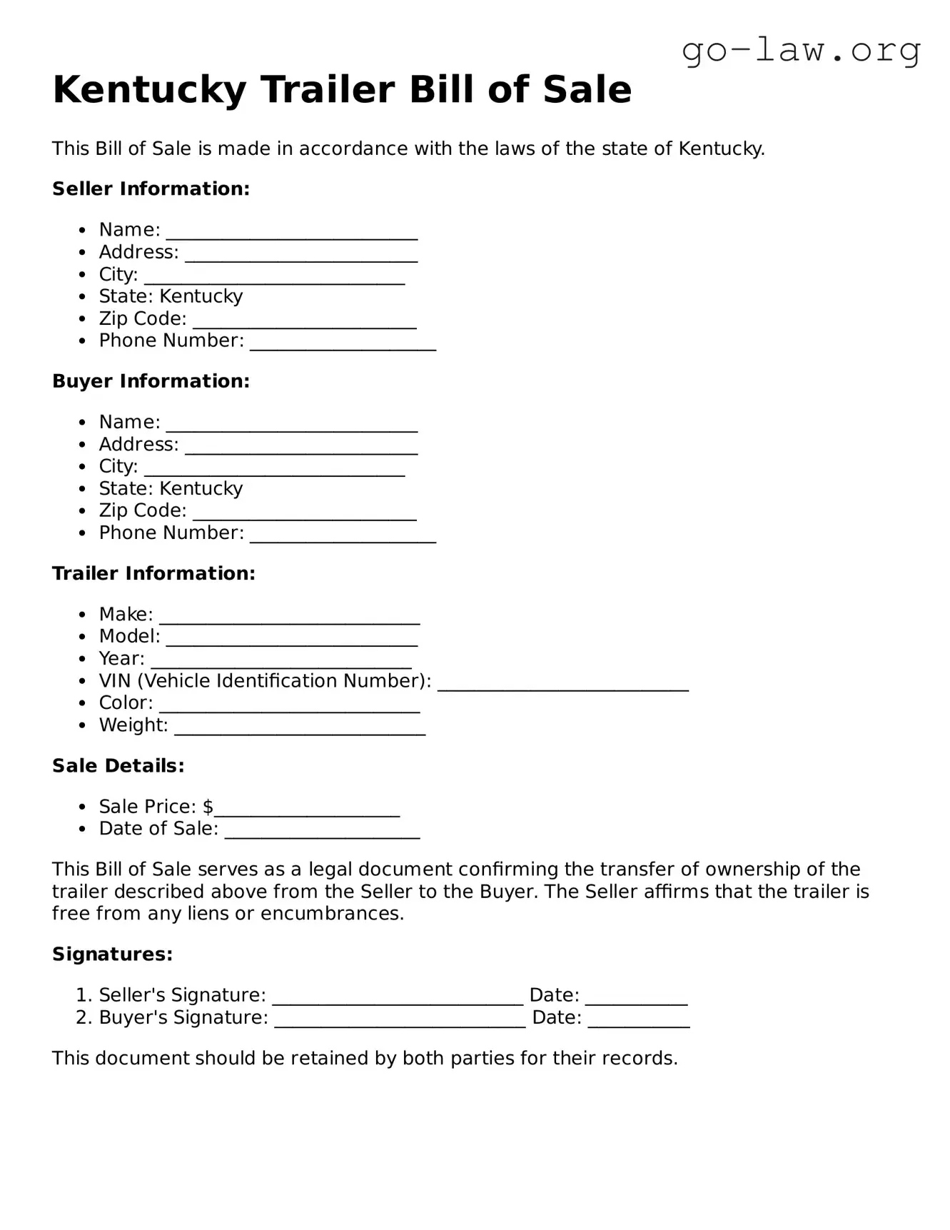 Fillable Kentucky Trailer Bill of Sale Form