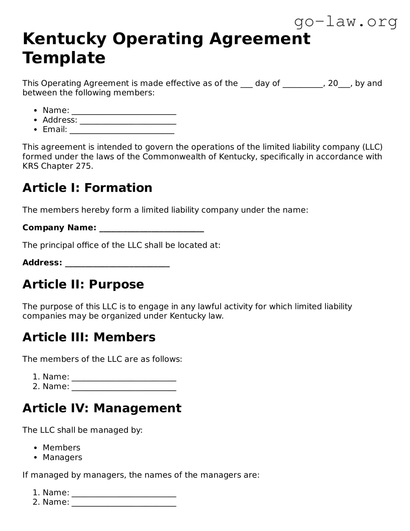 Fillable Kentucky Operating Agreement Form