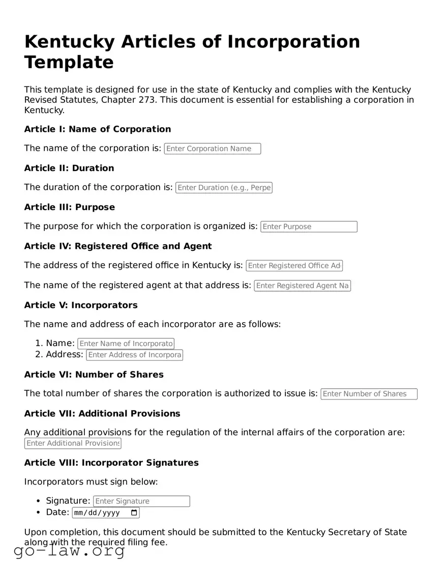 Fillable Kentucky Articles of Incorporation Form