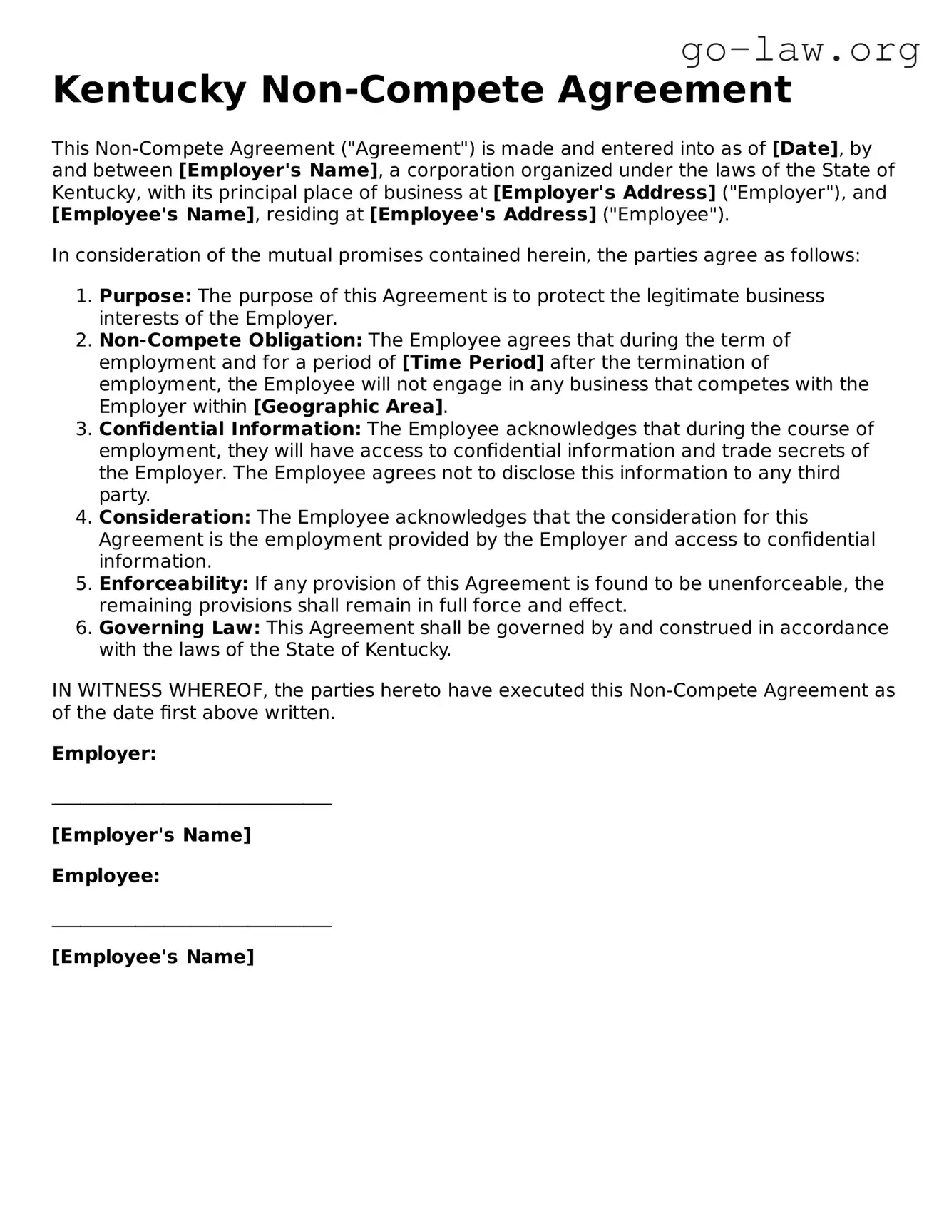Fillable Kentucky Non-compete Agreement Form