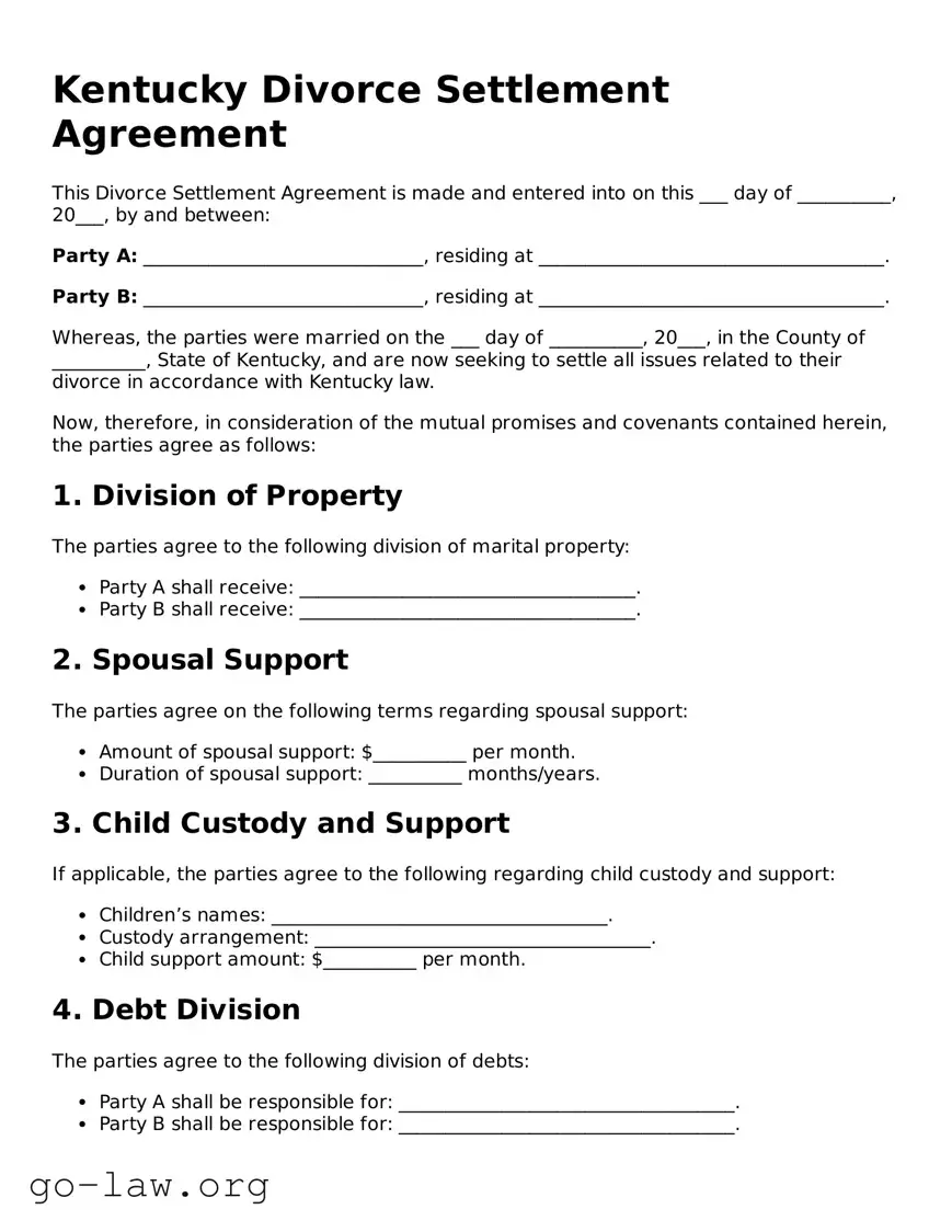 Fillable Kentucky Divorce Settlement Agreement Form