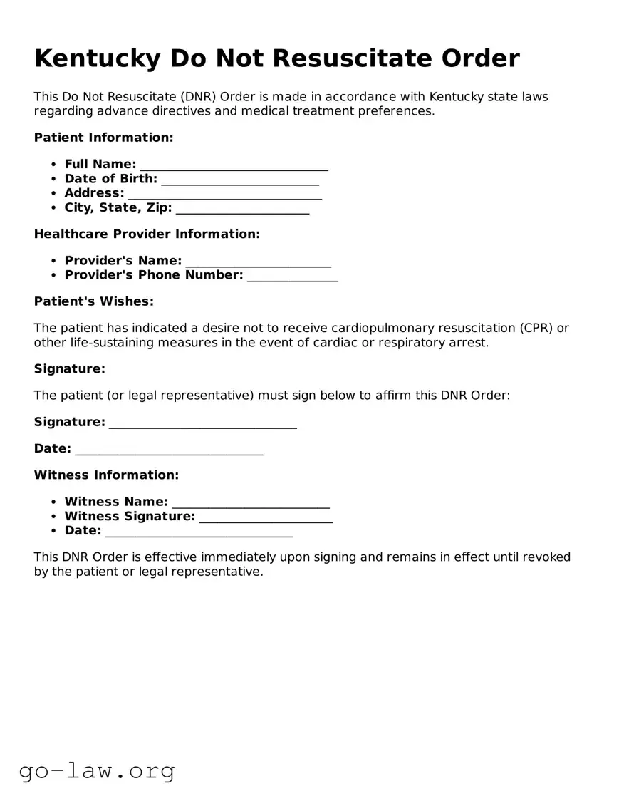 Fillable Kentucky Do Not Resuscitate Order Form