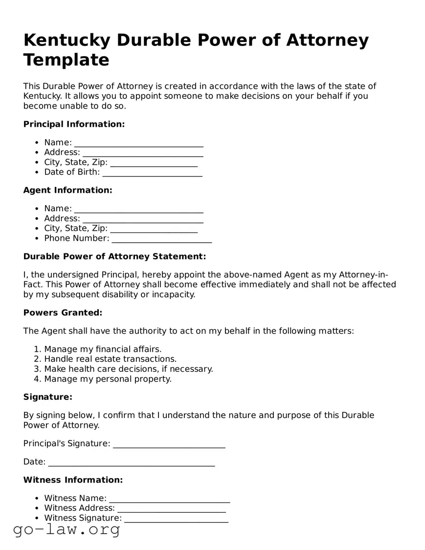 Fillable Kentucky Durable Power of Attorney Form