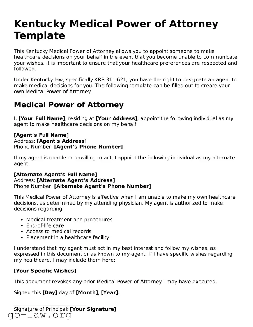 Fillable Kentucky Medical Power of Attorney Form