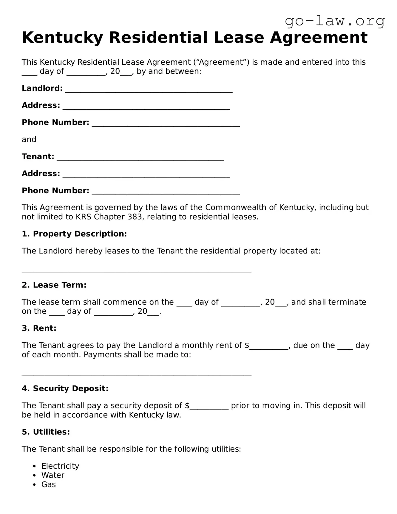 Fillable Kentucky Residential Lease Agreement Form