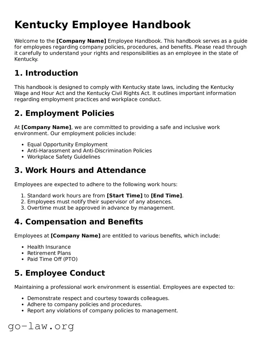Fillable Kentucky Employee Handbook Form