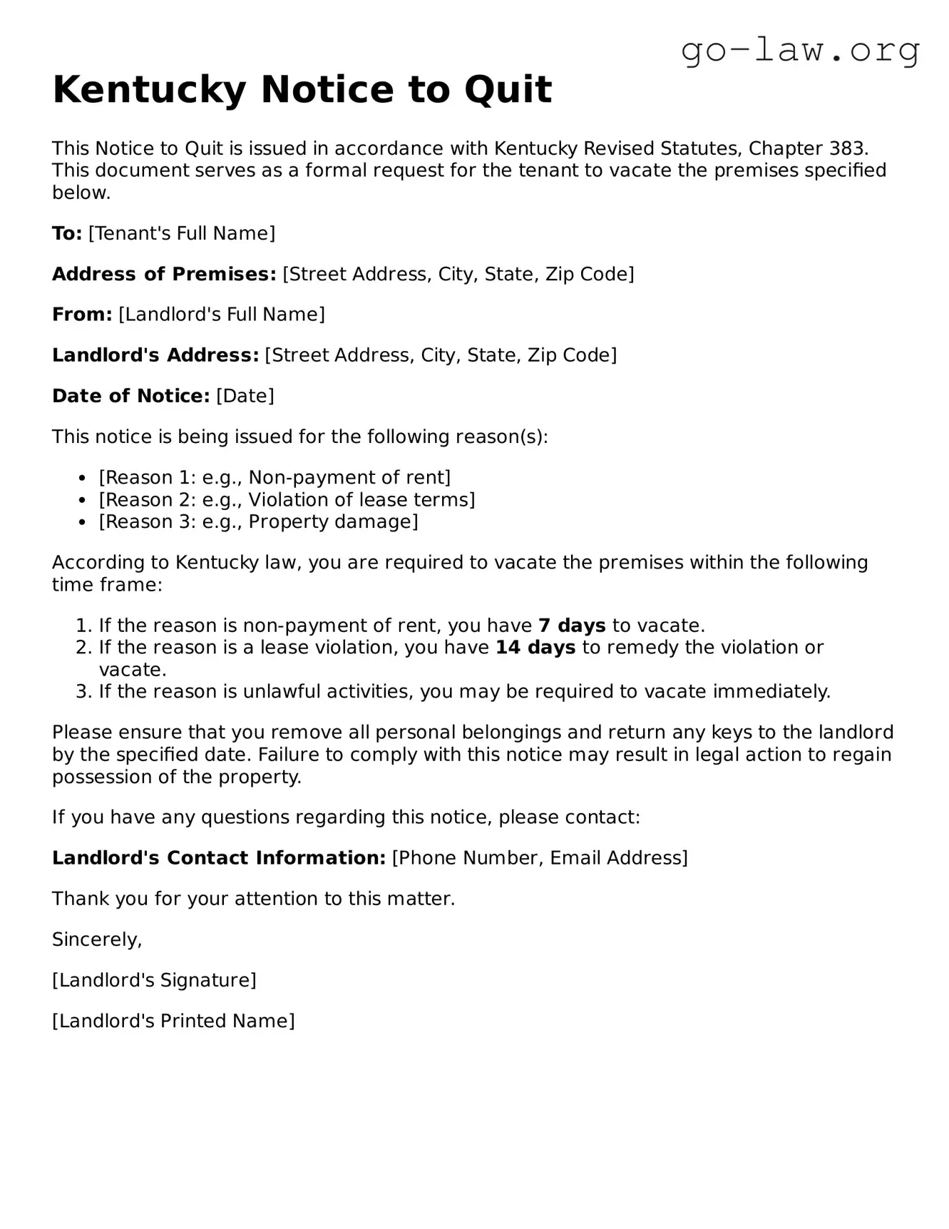 Fillable Kentucky Notice to Quit Form