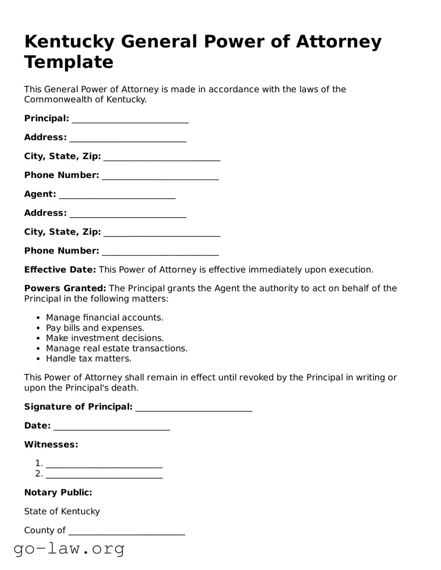 Fillable Kentucky General Power of Attorney Form
