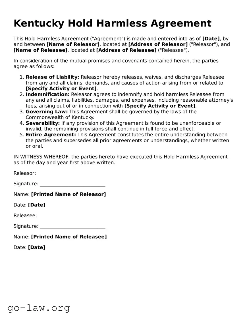 Fillable Kentucky Hold Harmless Agreement Form