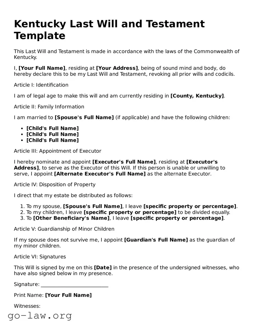 Fillable Kentucky Last Will and Testament Form