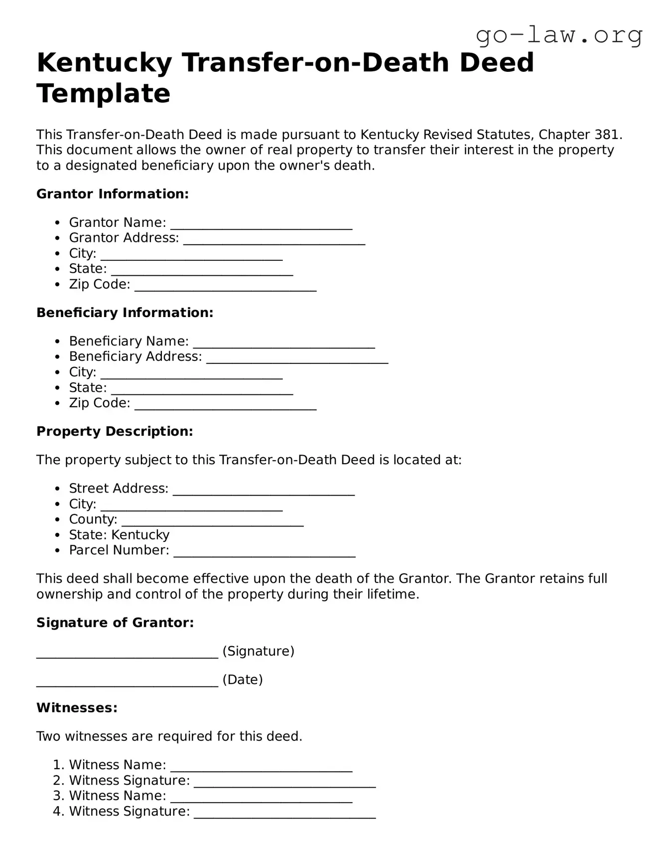 Fillable Kentucky Transfer-on-Death Deed Form