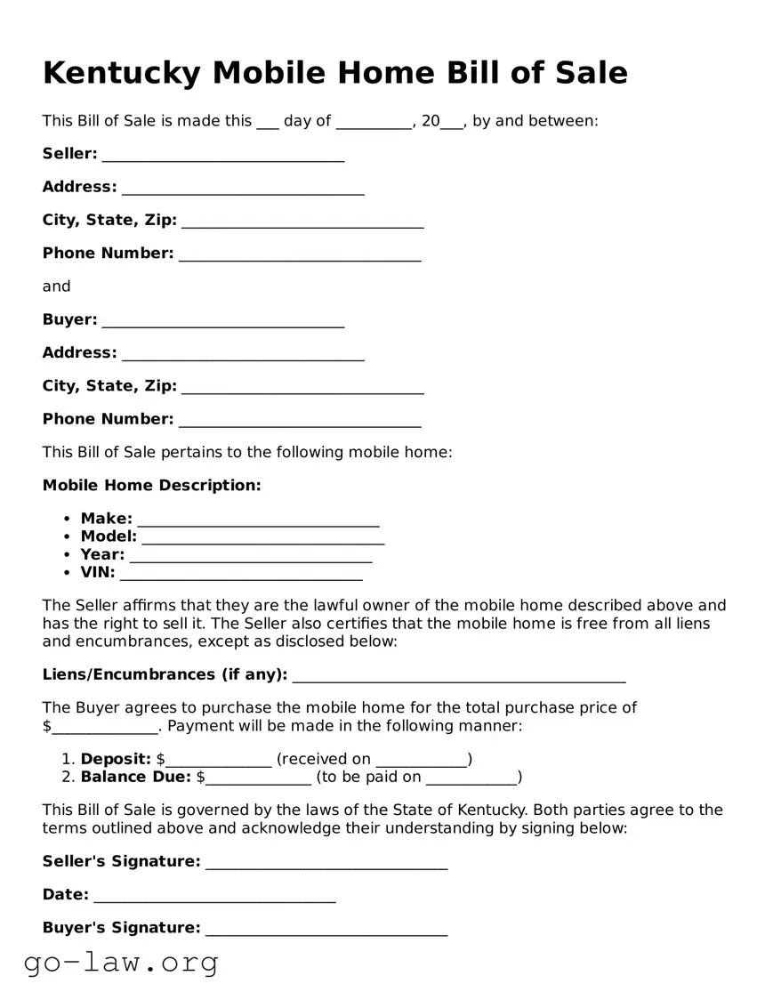 Fillable Kentucky Mobile Home Bill of Sale Form