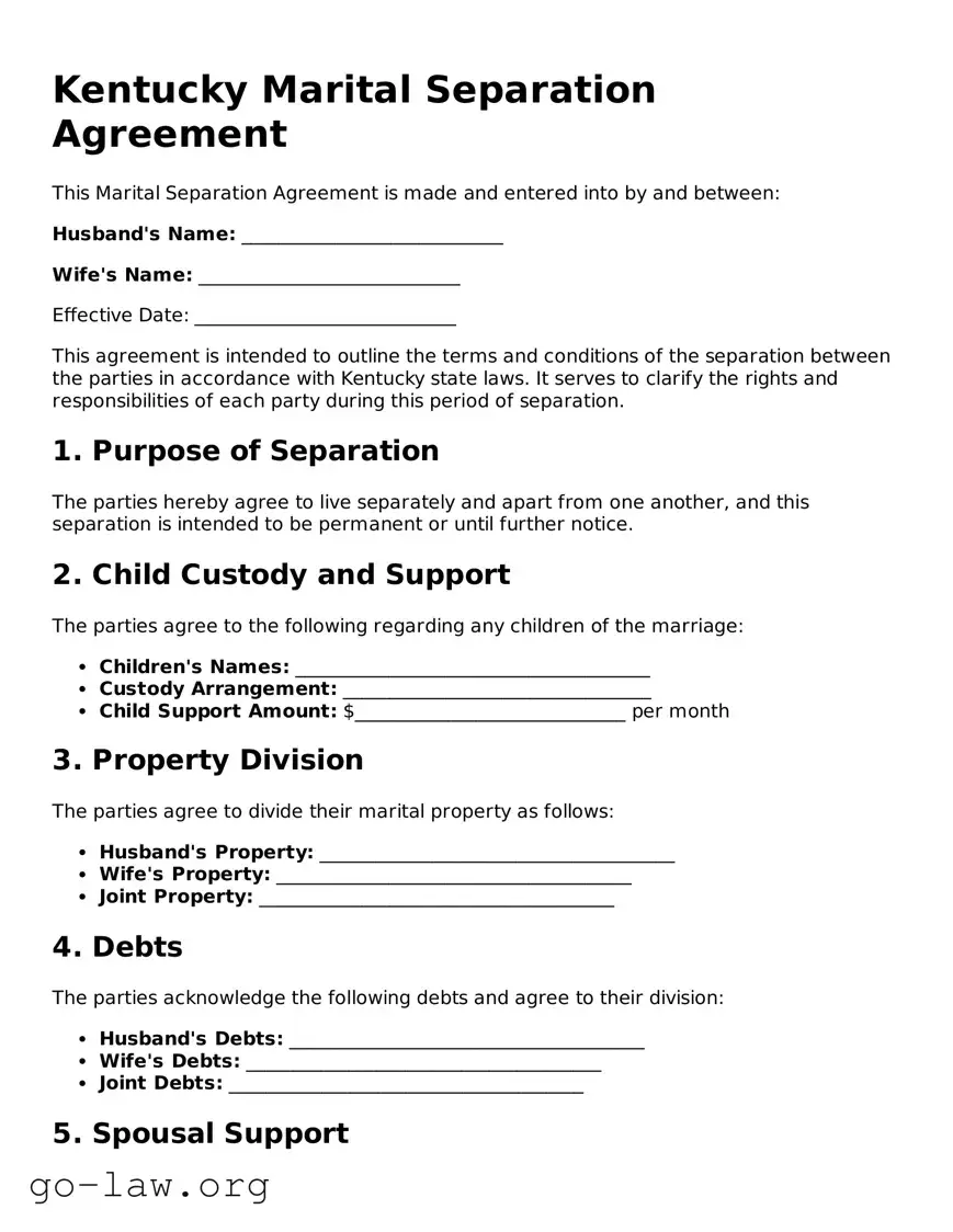 Fillable Kentucky Marital Separation Agreement Form
