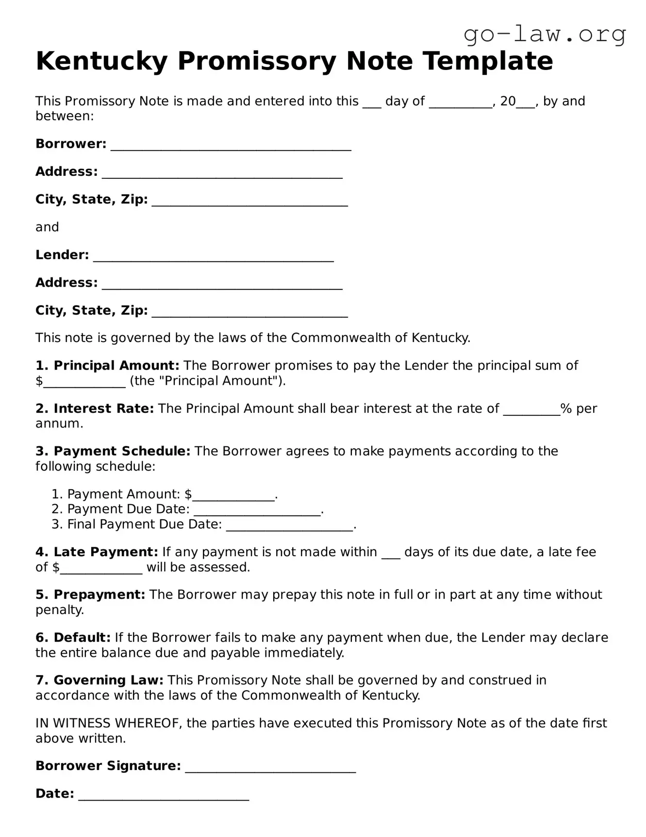 Fillable Kentucky Promissory Note Form