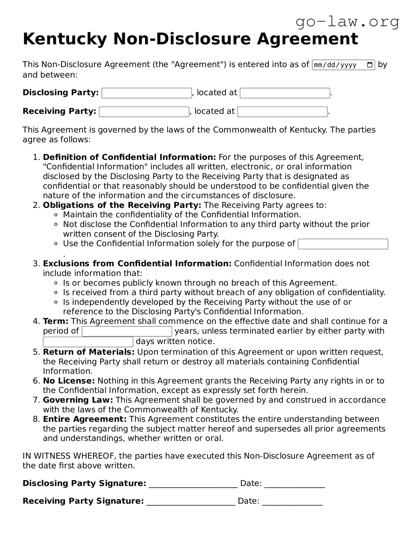 Fillable Kentucky Non-disclosure Agreement Form